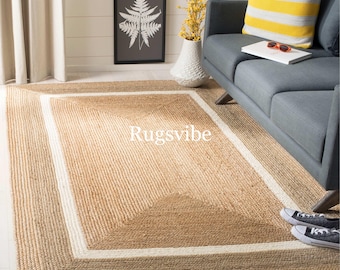 Handwoven Natural Brown Braided Jute Area Rug With White Border,Large Housewarming Runner Carpet