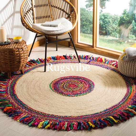 Handgewebter runder Teppich aus Jute & Baumwolle: Geflochtener Teppich im Boho Style