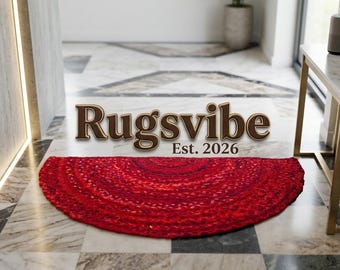 Tappeto a mezzaluna rosso, zerbino intrecciato semicircolare, tappetino di benvenuto in cotone stile boho