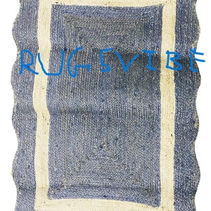 Blue Scalloped Jute Braided Area Rugs For Bedroom,Livingroom,Large Indoor Rug With Yellow Side Border,Bohemian Rug