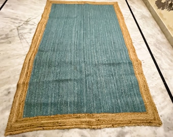 Alfombra de yute turquesa tejida a mano: Alfombra trenzada bohemia