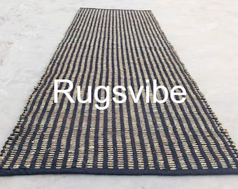 Black Cotton Jute Rug: Braided Rectangle Area Rug,Room Runner For Home