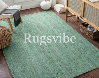Natural Green Jute Rug: Rectangle Braided Large Area Room Decor Doormat