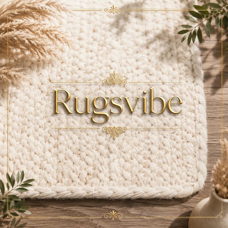 May include: A cream-colored, chunky knit rug with a thick, braided border. The word Rugsvibe is centered in gold serif lettering, framed by decorative gold flourishes above and below the text, set against a soft, textured fabric surface.