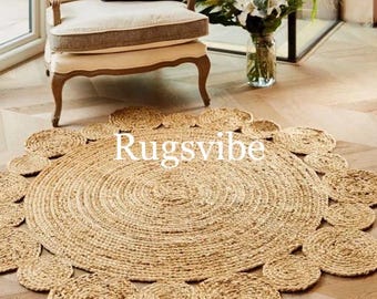 Round  Brown Scalloped Jute Rug: Handwoven Rustic Floral Rug With circle design.Natural doormat
