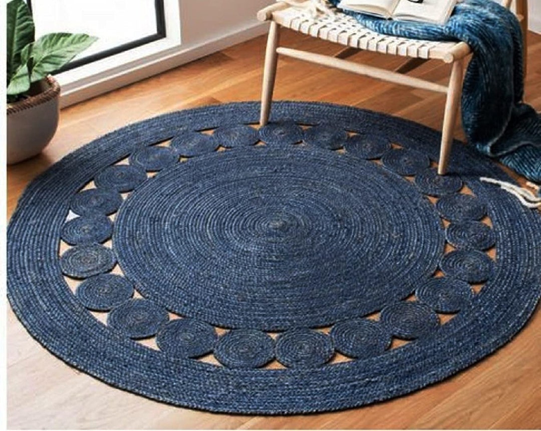 100 Genuine Blue Jute Rug, Round Braided Area Rug/floor Rug for