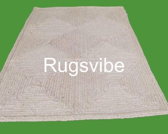 Handwoven Off White Braided Jute Rug: Natural Square Designer Area Rug