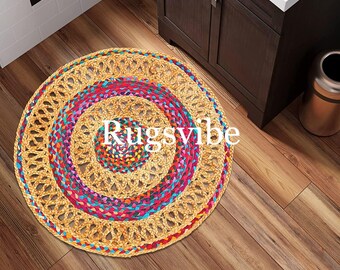 Handwoven Round Jute Rug: Colorful Braided Cotton Area Rug
