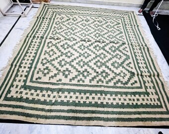 Green Designer Braided Jute Area Rug: Boho Home Decor