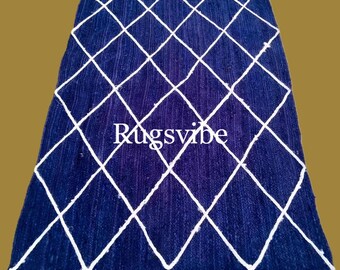 Blue Jute Rug: Handwoven with White Cross Weave Border