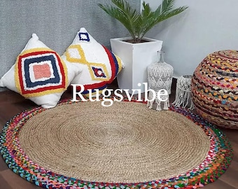 Handwoven Round Jute Rug: Bohemian Braided Rug with Cotton Border