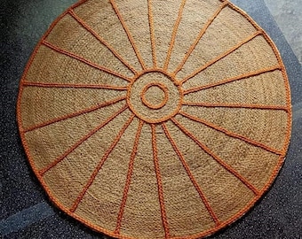Handwoven Round Jute Rug: Braided Boho Area Rug with Orange Detail