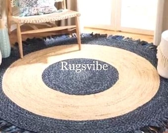 Round Blue Jute Rug: Handwoven Cotton Tassel Rug