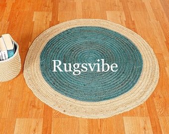 Green Jute Round Rug with Beige Border: Handwoven Bohemian Area Rug