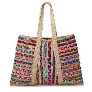 Cotton Jute Shopping Bag ,Recycled Fabric Shopper Bag ,Colourful Tote Bag ,Shoulder Bag -,Gift for Mom - Cotton Jute Rug Rag Bags