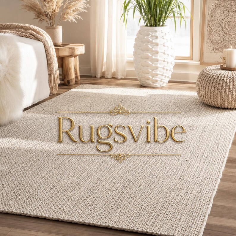 May include: A rectangular area rug with a thick, woven, light beige texture. The rug features a consistent, dense loop pile construction. Centered on the rug is the gold-colored text "Rugsvibe" flanked by two decorative horizontal lines.