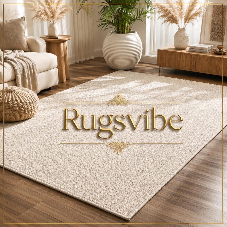 May include: A rectangular area rug with a textured, cream-colored surface. The rug features a dense, looped pile construction. Centered on the rug is the gold-colored text "Rugsvibe" flanked by two decorative gold filigree ornaments.