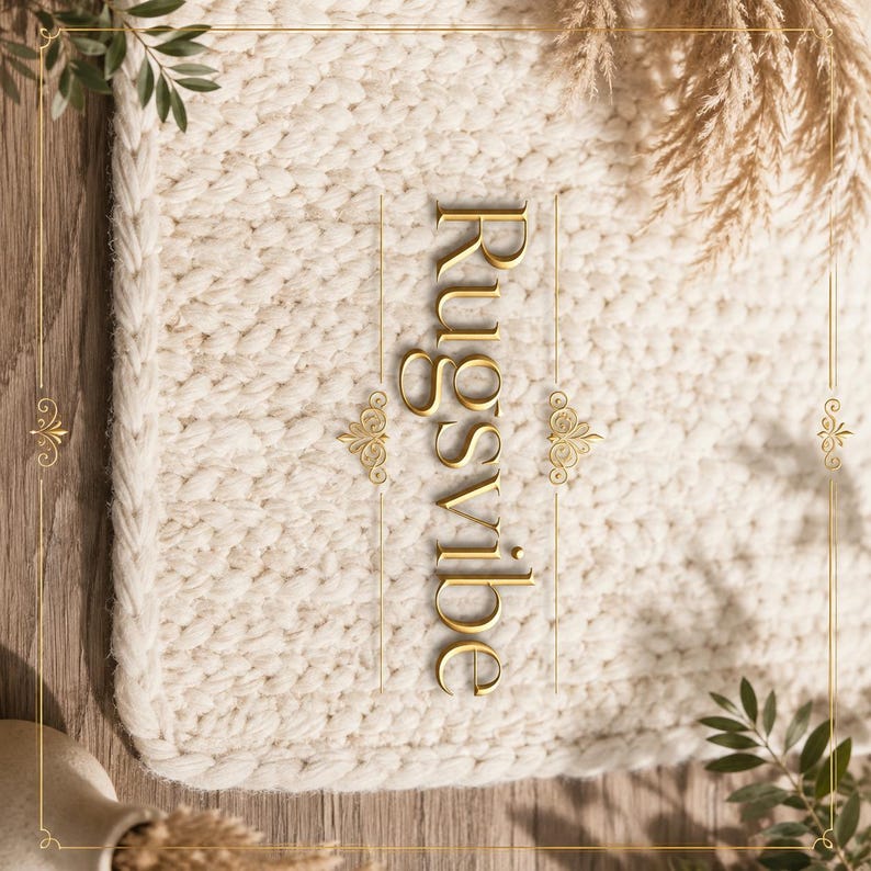 May include: A cream-colored, chunky knit rug with a thick braided border. The text "Rugsvibe" is printed vertically in gold lettering across the center. The rug is decorated with gold filigree accents and dried pampas grass elements.