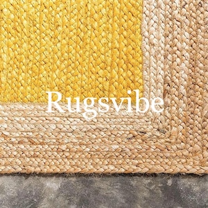 Echt geel jute vloerkleed met beige rand, rechthoekig gevlochten groot vloerkleed/jute tapijt, handgeweven vloerkleed, boho jute vloerkleed, op maat gemaakt vloerkleed