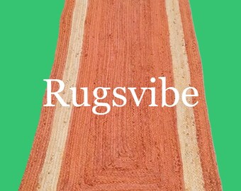 Orange Jute Rug with Brown Border: Braided Eco Runner