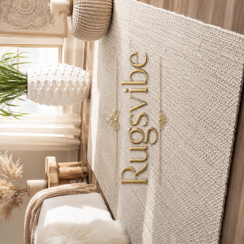 May include: A rectangular area rug with a thick, woven beige texture. The word Rugsvibe is written in gold, stylized script lettering vertically across the center, flanked by two thin gold lines with decorative filigree accents on each side.