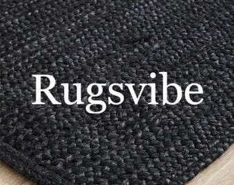Black Jute Rug: Handwoven Braided Bohemian Area Rug