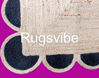Scalloped Jute Area Rug: Brown & Black Braided Rug, Custom Sizes
