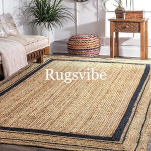 Handwoven Jute Area Rug: Rustic Brown with Black Border
