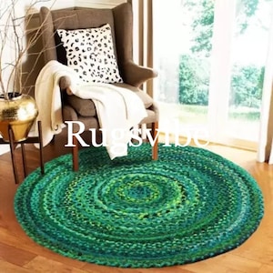 Round Cotton Rag Rug, Green  Cotton Chindi Braided Area Rug/Carpet/Doormat