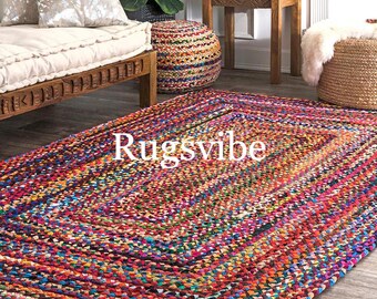 Braided Cotton Chindi Rag Rug: Multicolor Bohemian Rug