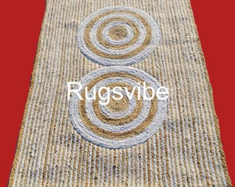 Handwoven Brown And White  Jute Rug With Circle Design: Natural Fiber Boho Decor