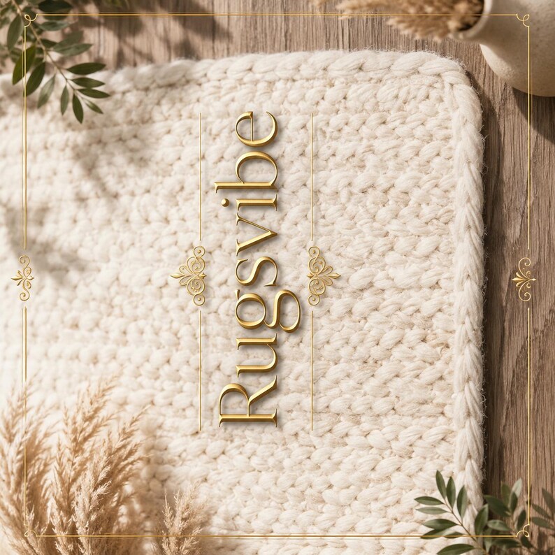 May include: A rectangular off-white rug with a thick, chunky knit texture. The word Rugsvibe is written in gold, stylized serif lettering vertically across the center, flanked by two thin gold vertical lines and decorative gold flourishes.