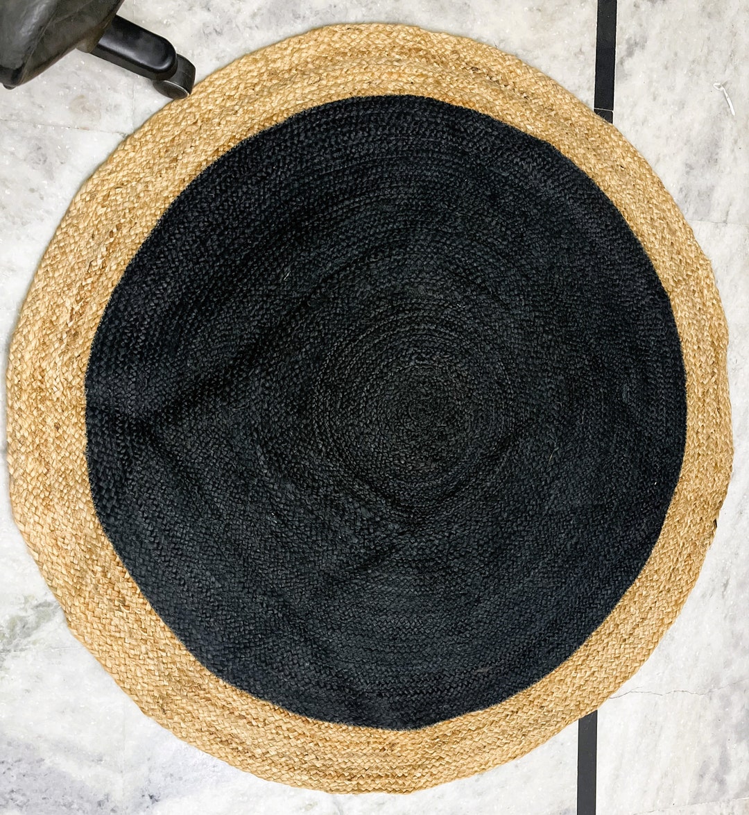 100 Genuine Round Black Jute Rug With Natural Border Braided Etsy