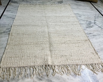 Natural White Jute Hemp Braided Rug With Tassels, Bohemian Style Runner