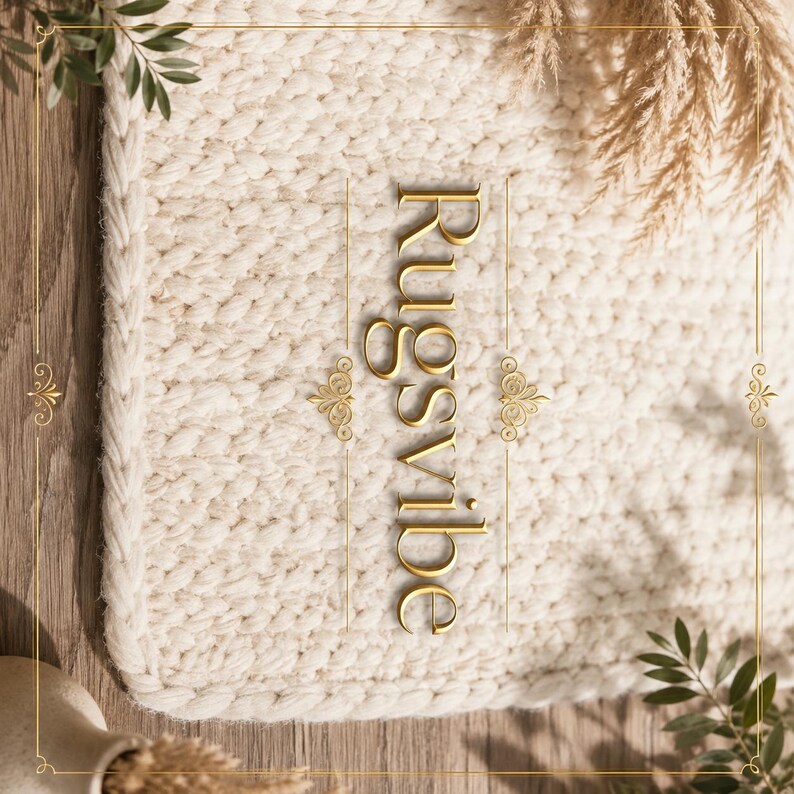 May include: A cream-colored, chunky knit rug with a thick braided border. The text "Rugsvibe" is printed vertically in gold lettering across the center. The rug is decorated with gold filigree accents and dried pampas grass elements.