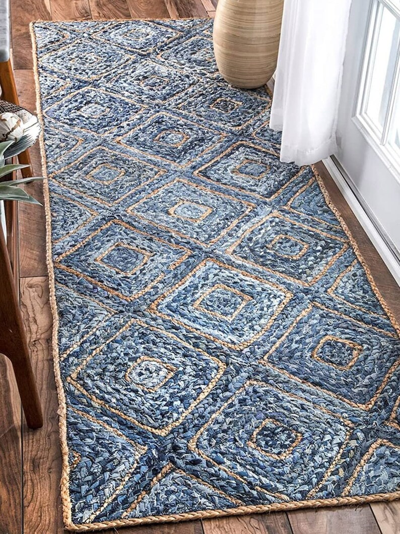 Blue Denim Jute Rug, Rectangle Natural Braided Area Rug for Home