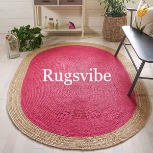 100% Natural Pink Oval Jute Rug With Beige Border,Braided Area Rug/Floor-Jute Carpet For Bedroom, Livingroom, Large Bohemian Rug Custom Rug