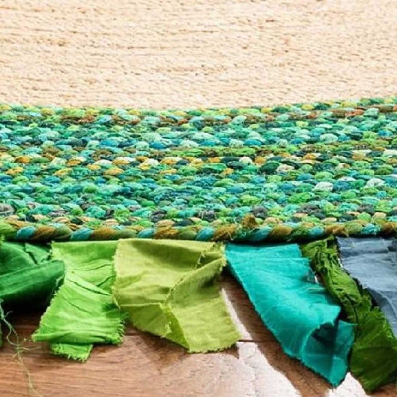 Green Cotton Jute Mix Design Braided Area Rug With Cotton Etsy