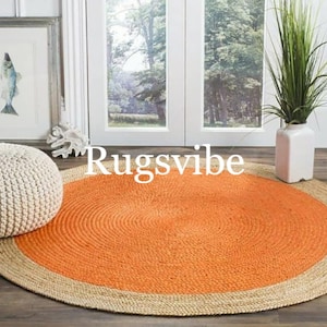 Orange  Jute Rug With Beige Border| Large Braided Handwoven rugs for Bedroom Living room, Natural Jute Fiber Rug, Kilim Rug, Boho Rug