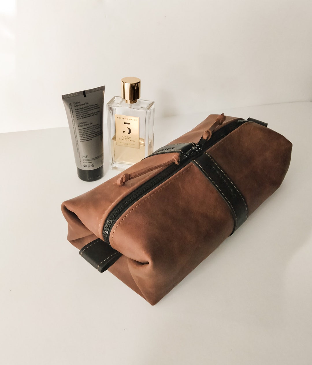 Handmade Men's Brown Leather Toiletry Bag With Lining, Mens Travel Shaving Dopp Bag Very Light ...