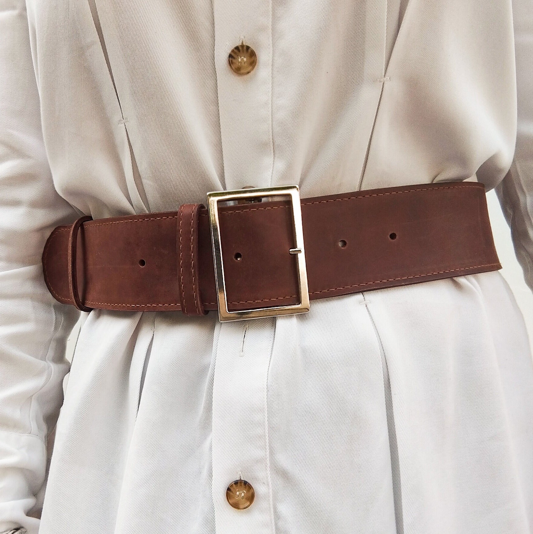 Cinturón con hebilla de Metal circular de doble anillo grande para mujer,  cinturilla salvaje, correas anchas