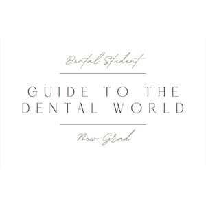 Puede incluir: Una guía para los nuevos graduados del mundo dental. El texto "Dental Student" está escrito en cursiva en la parte superior de la imagen. El texto "GUIDE TO THE DENTAL WORLD" está escrito en mayúsculas en una fuente sans-serif. El texto "New Grad" está escrito en cursiva en la parte inferior de la imagen.