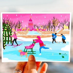 Carte de vœux WPG POSTCARD/ Ywg / Winnipeg / Manitoba / Palais de l'Assemblée législative / Hiver / Piste de patinage Forks / Impression numérique / Local