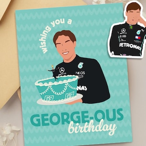 F1 George Russel Geburtstagskarte / Mercedes / Freund / Freundin / Formel 1 / Aufkleber / Geschenk für Ihn / F1 Fan Accessoires / Merch