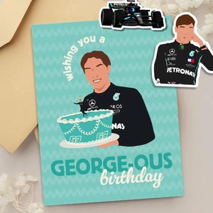 F1 George Russell-verjaardagskaart / Mercedes / vriend / vriendin / / Formule 1 / sticker / cadeau voor hem / F1-fanaccessoires / Merch