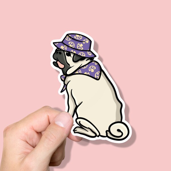 DOGGO MUSHROOM STICKER / dog / pug / bucket hat / reishi / vinyl die cut / laptop decal / bucket hat / cute / unique / trendy / animal