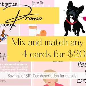 May include: A collage of images promoting a sale on greeting cards. The text "Mix and match any 4 cards for $20" is displayed in yellow on a yellow background. The text "Savings of $10. See description for details." is displayed in black on a pink background. The images include a cartoon rocket, a pair of socks, a dog with a flower in its mouth, a woman with blonde hair, and a chemical formula.
