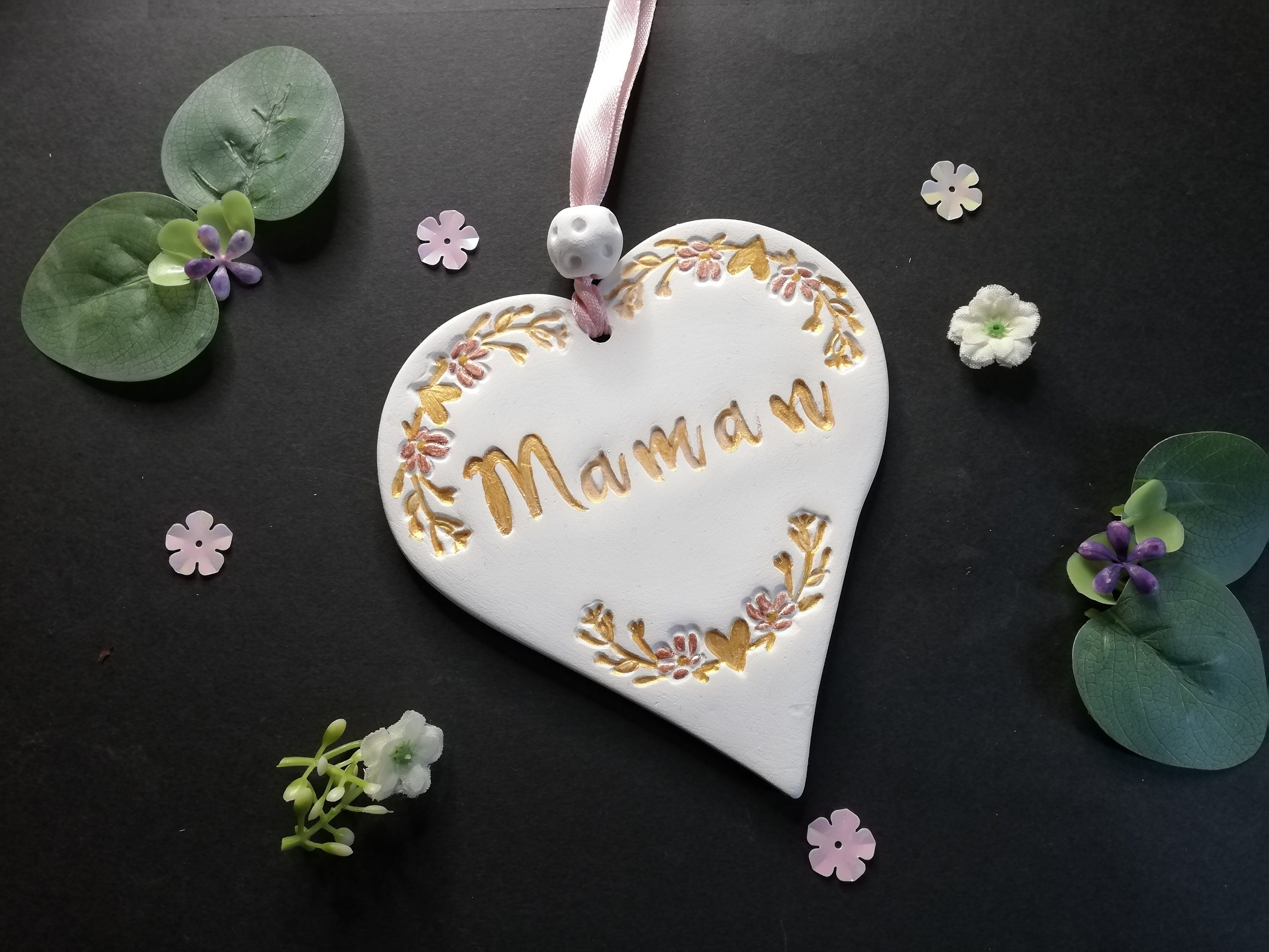 Suspension en Argile Blanche, Cœur Maman à Suspendre, Décoration Intérieure, Peut Servir de Diffuseu