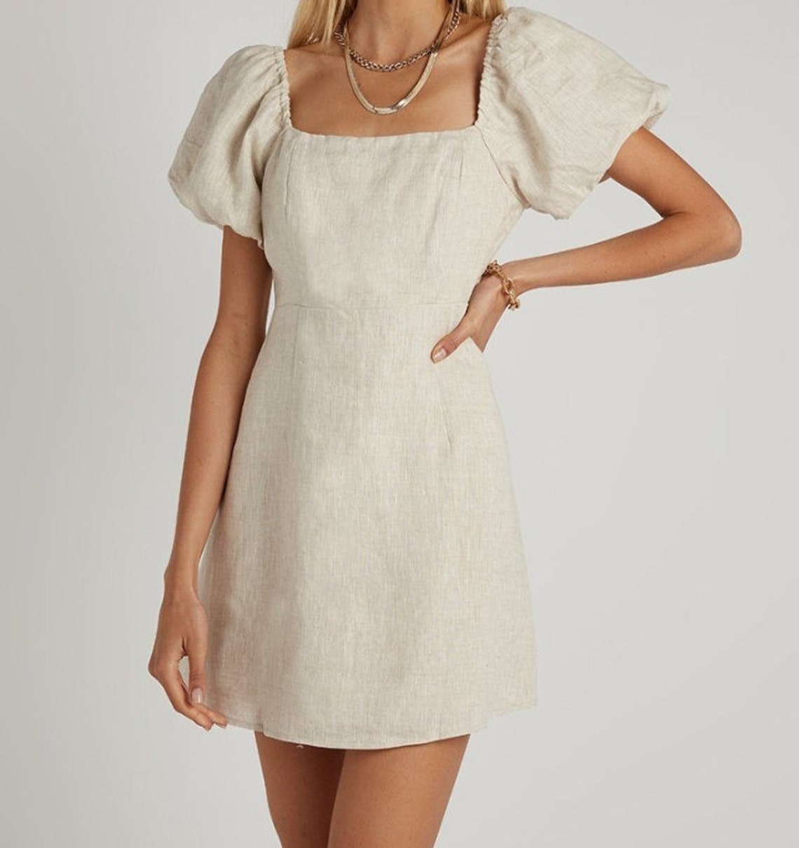 Linen Mini Dress Cotton Linen Dress Square Neck Short Etsy