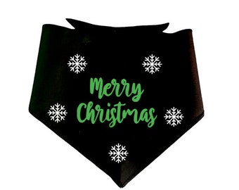 Black, Green and White Merry Christmas Dog and Cat Bandana / Dog Christmas Outfit / Cat Christmas Outfit / Snowflake Bandana / Xmas